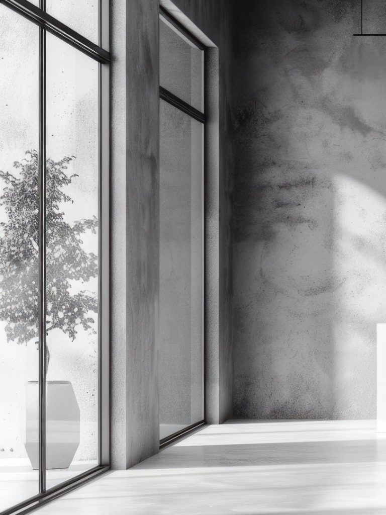 erster Teil Bild Innenarchitektur Moderne Innenarchitektur mit großen Fenstern und einer Pflanze in einem Topf.