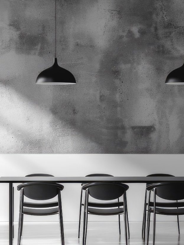 zweiter Teil Bild Innenarchitektur Schlichte schwarze Stühle an einem langen Tisch vor einer grauen Wand mit Licht.
